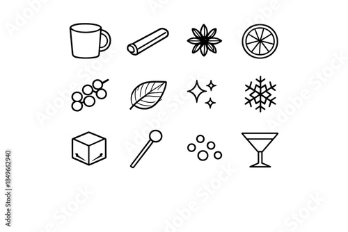 Warm Cocktail Icon Set. Warm cocktail elements. Line outline icon set of Warm cocktail elements: mug, cinnamon