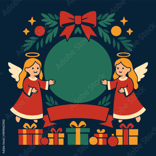 Two christmas angels holding round blank plaque with bow and greenery, nativity inspired card scene with stars, garland and ribbon banner