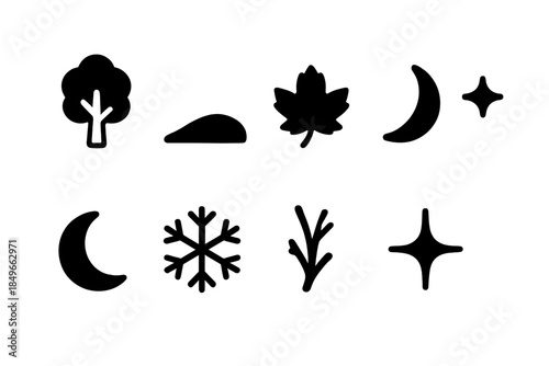 Silent Winter Icon Set. Silent winter scene. Filled icon set of silent winter scene: lone tree, snow curve,