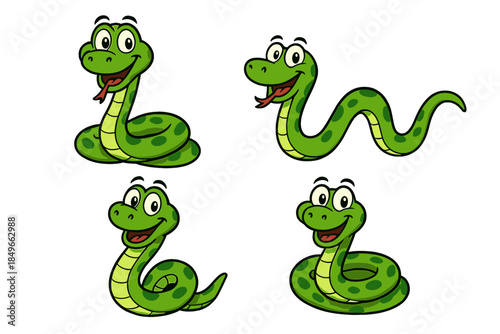 Four cartoon green snakes with smiling faces