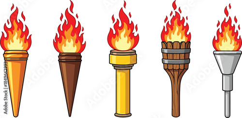 Cute cartoon torch illustration set, flaming torch icons, fire symbol collection, ancient olympic torch vector design, isolated white background art