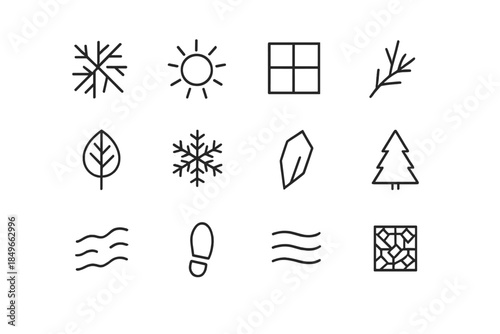 Frosty Morning Icons. Frosty morning reflections. Line outline icon set of Frosty morning reflections: frost
