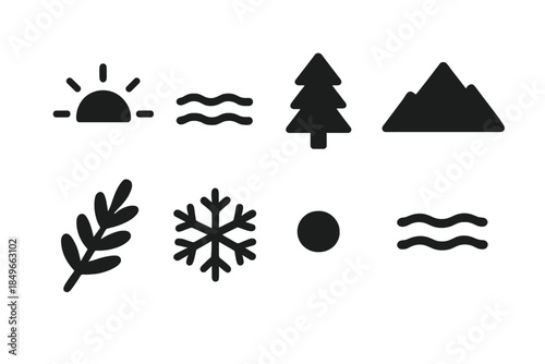 Icy Morning Icons. Icy morning view. Filled icon set of icy morning view: sunrise arc, frozen lake, pine tree,