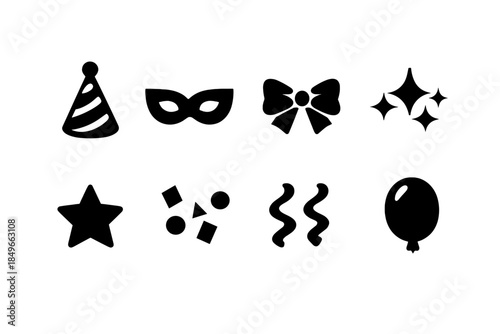 Party Icons Layout. Party décor flat-lay. Filled icon set of party décor flat-lay: hat icon, mask icon, bow