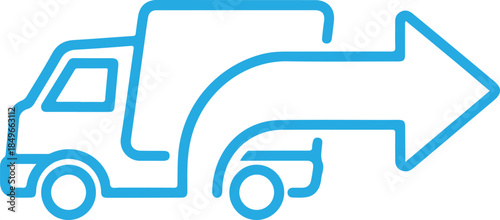 A clean, blue line art vector of a delivery truck with a large arrow emerging from its trailer. This minimalist icon symbolizes fast shipping, logistics movement, and efficient transport.