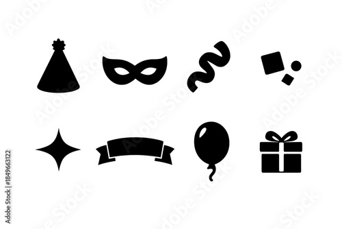 Party Icons Flat-Lay. Party essentials flat-lay. Filled icon set of party essentials flat-lay: hat shape, mask