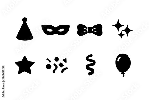 Party Icons Layout. Party décor flat-lay. Filled icon set of party décor flat-lay: hat icon, mask icon, bow