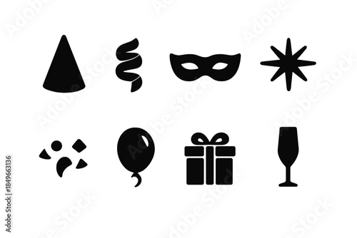 Festive Party Icons. Festive party flat-lay. Filled icon set of festive party flat-lay: hat cone, ribbon twist
