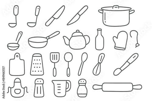 Kitchen Utensils and Cookware Line Art Icons