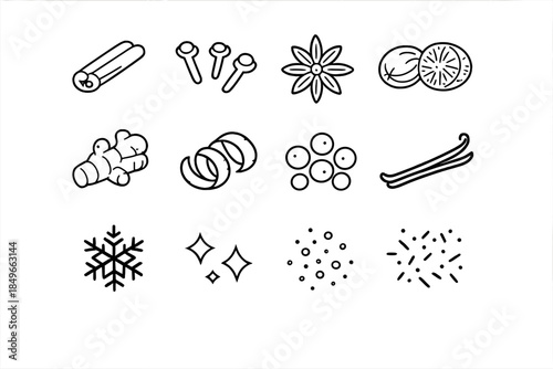 Winter Spice Icons. Warm winter spice set. Line outline icon set of Warm winter spice set: cinnamon stick,