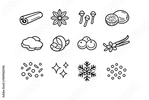 Winter Spice Icons. Winter spices macro shots. Line outline icon set of Winter spices macro shots: cinnamon