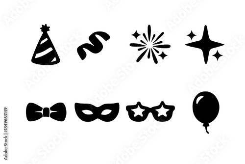 Festive Icon Set. Festive props flat-lay. Filled icon set of festive props flat-lay: cone hat, ribbon piece,