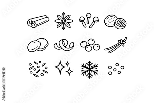 Winter Spice Icons. Winter spices macro shots. Line outline icon set of Winter spices macro shots: cinnamon