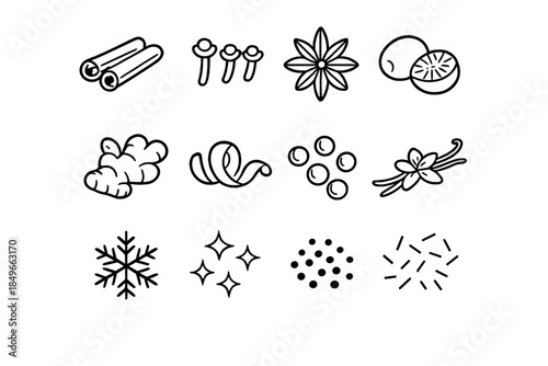 Winter Spice Icons. Warm winter spice set. Line outline icon set of Warm winter spice set: cinnamon stick,
