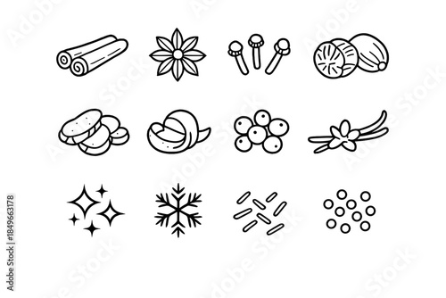 Holiday Spice Icons. Holiday aromatic macros. Line outline icon set of Holiday aromatic macros: cinnamon stick