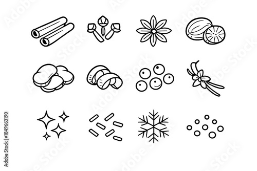 Spice Icon Collection. Spice macro collection. Line outline icon set of Spice macro collection: cinnamon stick