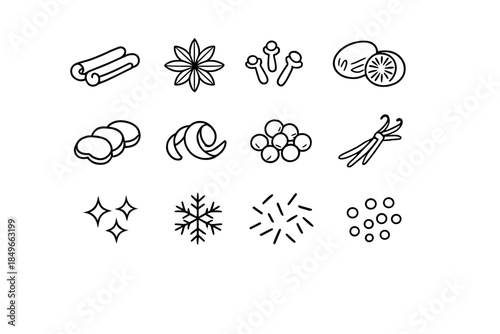 Holiday Spice Icons. Holiday aromatic macros. Line outline icon set of Holiday aromatic macros: cinnamon stick