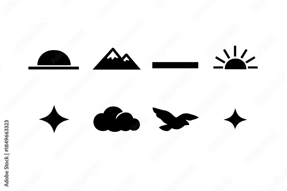 Fototapeta premium 2026 Sunrise Icons. First light of 2026. Filled icon set of first light of 2026: sun half-circle, mountain