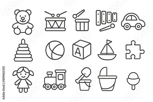 Set of children's toy icons in outline style