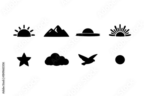 Sunrise Silhouette Icons. Sunrise silhouettes 2026. Filled icon set of sunrise silhouettes 2026: silhouette