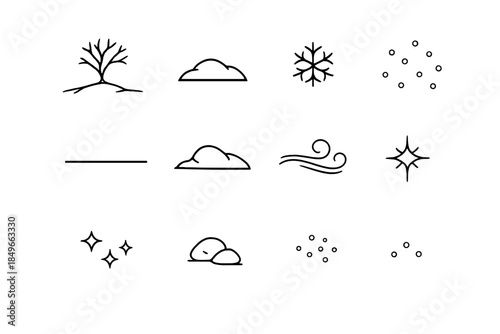 Minimalist Tree Icons. Minimalist lonely tree in snow. Line outline icon set of Minimalist lonely tree in snow