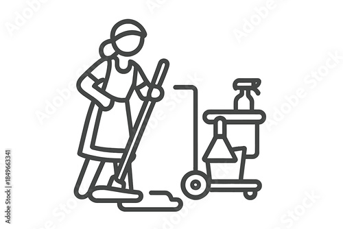 Cleaning person with mop and cleaning cart