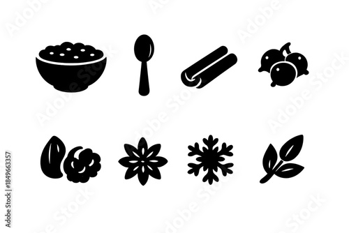 Winter Breakfast Icons. Winter breakfast set. Filled icon set of winter breakfast set: oatmeal bowl, spoon,