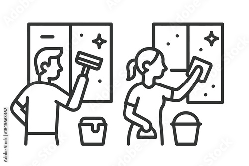 Man and woman cleaning windows