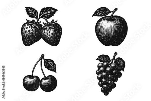 Black and White Fruit Illustrations on Dark Background
