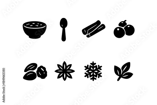 Winter Oatmeal Icons. Winter oatmeal flat-lay. Filled icon set of winter oatmeal flat-lay: bowl, spoon,