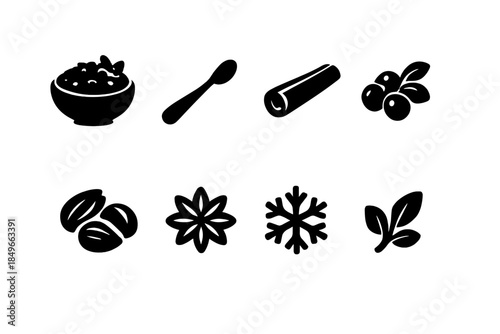 Winter Oatmeal Icons. Oatmeal with winter toppings. Filled icon set of oatmeal with winter toppings: bowl of