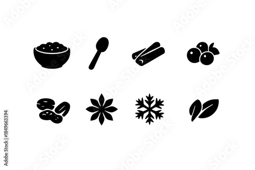 Winter Oatmeal Icons. Winter oatmeal flat-lay. Filled icon set of winter oatmeal flat-lay: bowl, spoon,