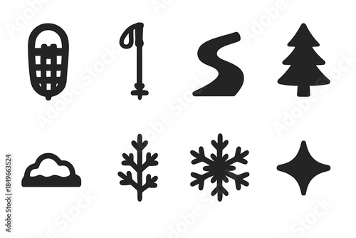 Snow Hiking Essentials Icons. Snow hiking essentials. Filled icon set of snow hiking essentials: snowshoe,