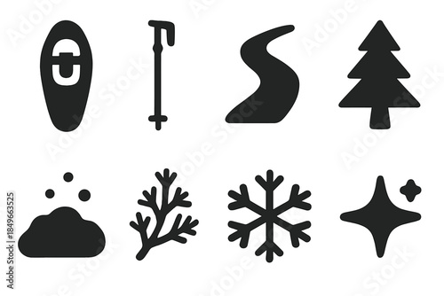 Snow Hiking Essentials Icons. Snow hiking essentials. Filled icon set of snow hiking essentials: snowshoe,