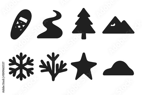 Snow Journey Silhouettes. Snow journey silhouettes. Filled icon set of snow journey silhouettes: snowshoe