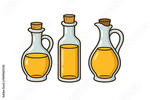 Three bottles of yellow liquid, possibly oil or vinegar