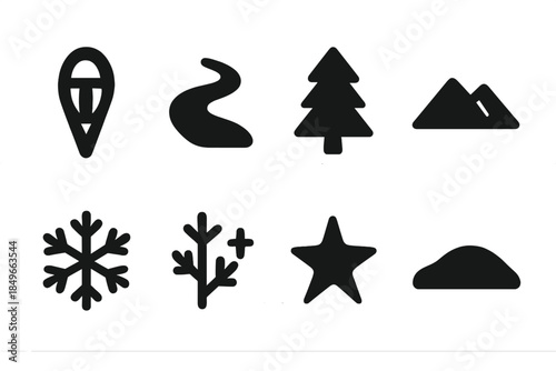 Snow Journey Silhouettes. Snow journey silhouettes. Filled icon set of snow journey silhouettes: snowshoe