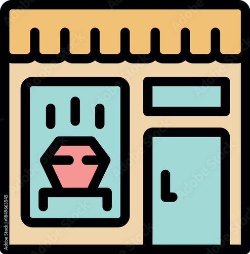 Jewelry store facade with big shining diamond in showcase promoting luxury shopping experience