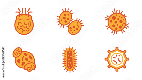 Collection of cartoon orange bacteria and microbes isolated on white background.