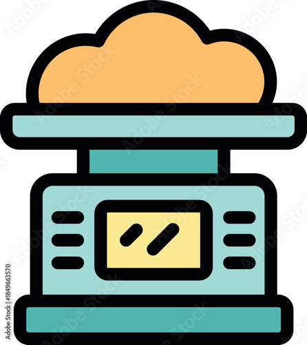 Digital kitchen scale weighing food ingredients, preparing for baking, modern cooking equipment, culinary precision