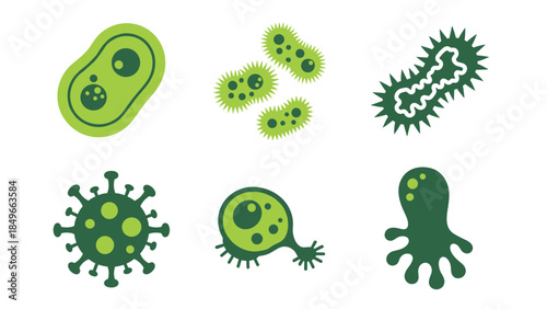 Collection of colorful microscopic bacteria and viruses in abstract flat design.