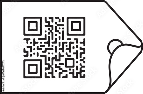 A minimalist black-and-white vector illustration of a QR code on a rectangular sticker with a peeled-up corner. This clean line art icon represents physical tagging and digital scanning.