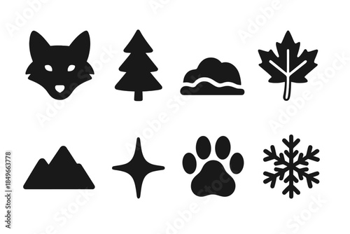 Winter Fox Icons. Winter wildlife fox. Filled icon set of winter wildlife fox: fox head, pine tree, snow drift