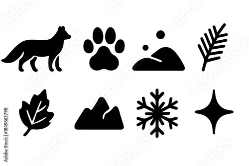 Wild Fox Icon Set. Wild fox tracks. Filled icon set of wild fox tracks: fox silhouette, paw print, snow drift,