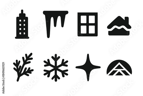 Winter Architecture Icons. Winter city architecture. Filled icon set of winter city architecture: skyscraper,