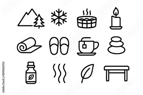 Mountain Wellness Icons. Mountain wellness escape. Line outline icon set of Mountain wellness escape: pine