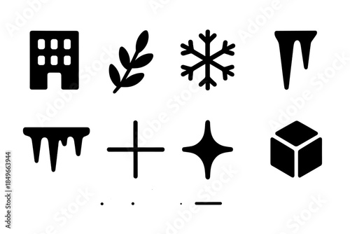 Urban Frost Icons. Urban frost elements. Filled icon set of urban frost elements: building face, frost sprig,