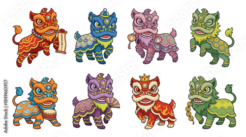 Eight colorful cartoon Chinese lion dance figures in various poses and patterns, celebrating traditional culture and festive occasions.