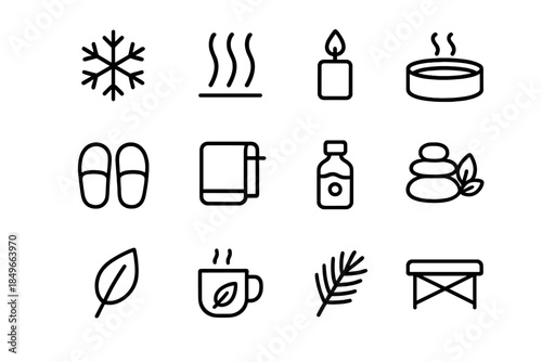 Snowy Wellness Icons. Snowy wellness sanctuary. Line outline icon set of Snowy wellness sanctuary: snowflake,