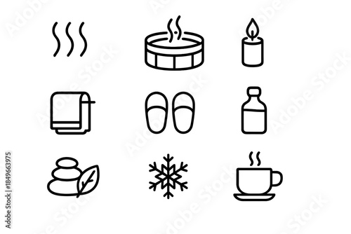 Cold-Season Spa Icons. Relaxing cold-season spa. Line outline icon set of Relaxing cold-season spa: steam